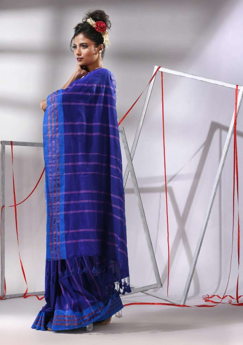 Navy Blue Striped Cotton Saree Set for Diwali | Wedding & Festive Wear - Indya