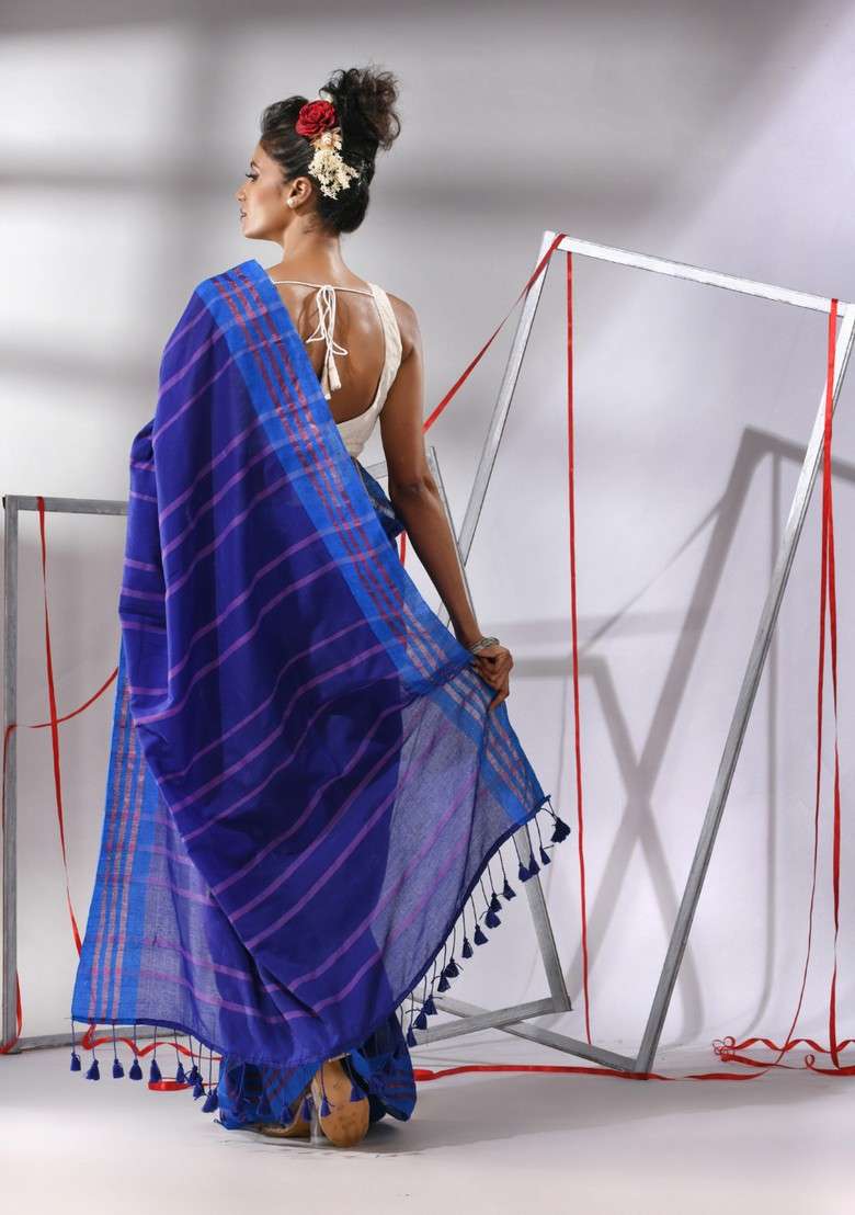 Navy Blue Striped Cotton Saree Set for Diwali | Wedding & Festive Wear - Indya