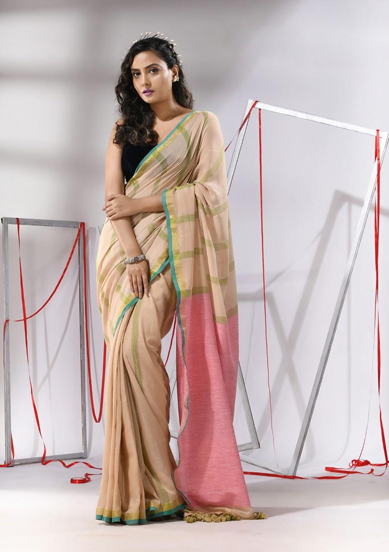 Beige Striped Soft Cotton Saree Set