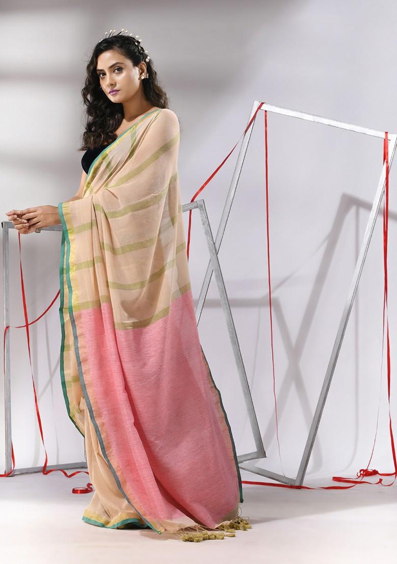 Beige Striped Soft Cotton Saree Set