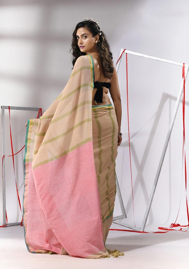 Beige Striped Soft Cotton Saree Set - Indya