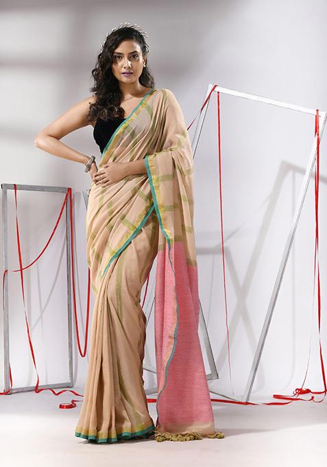 Beige Striped Soft Cotton Saree Set