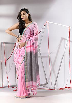 Baby Pink Woven Design Soft Cotton Saree Set