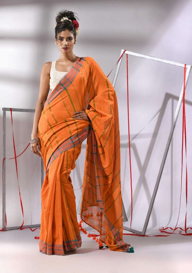 Orange Striped Cotton Saree Set for Diwali and Festive Wear - Indya