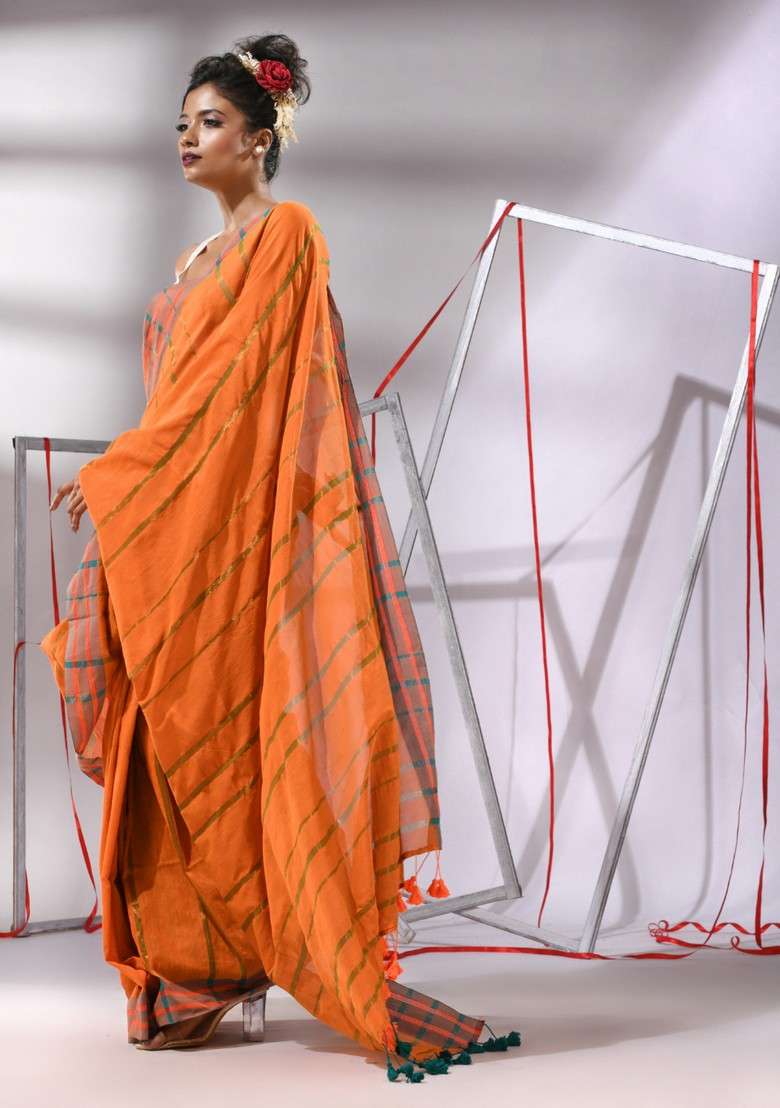 Orange Striped Cotton Saree Set for Diwali and Festive Wear - Indya