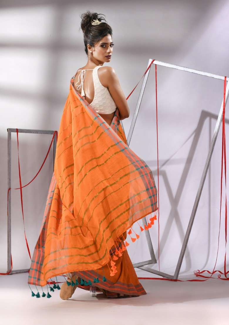 Orange Striped Cotton Saree Set for Diwali and Festive Wear - Indya