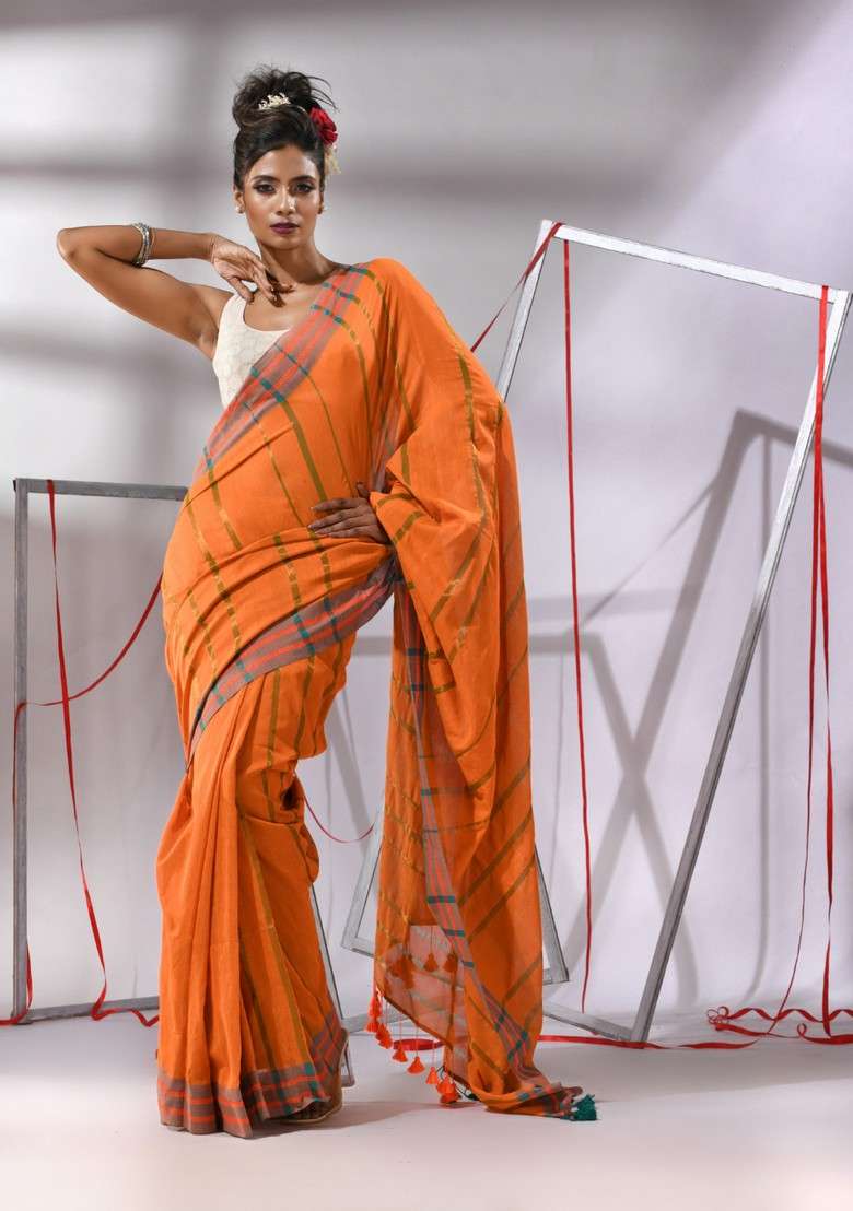 Orange Striped Cotton Saree Set for Diwali and Festive Wear - Indya