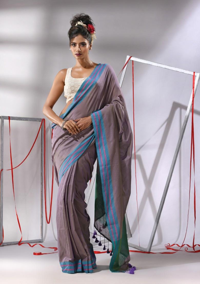 Ecru Striped Cotton Saree Set
