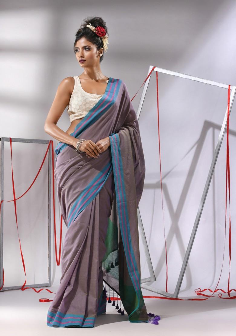 Ecru Striped Cotton Saree Set