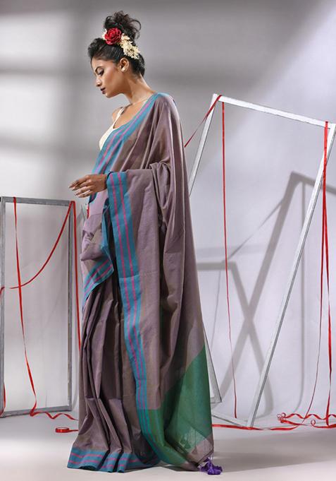 Ecru Striped Cotton Saree Set