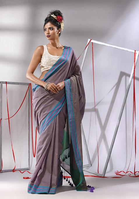 Ecru Striped Cotton Saree Set