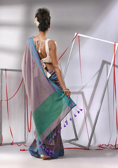 Ecru Striped Cotton Saree Set