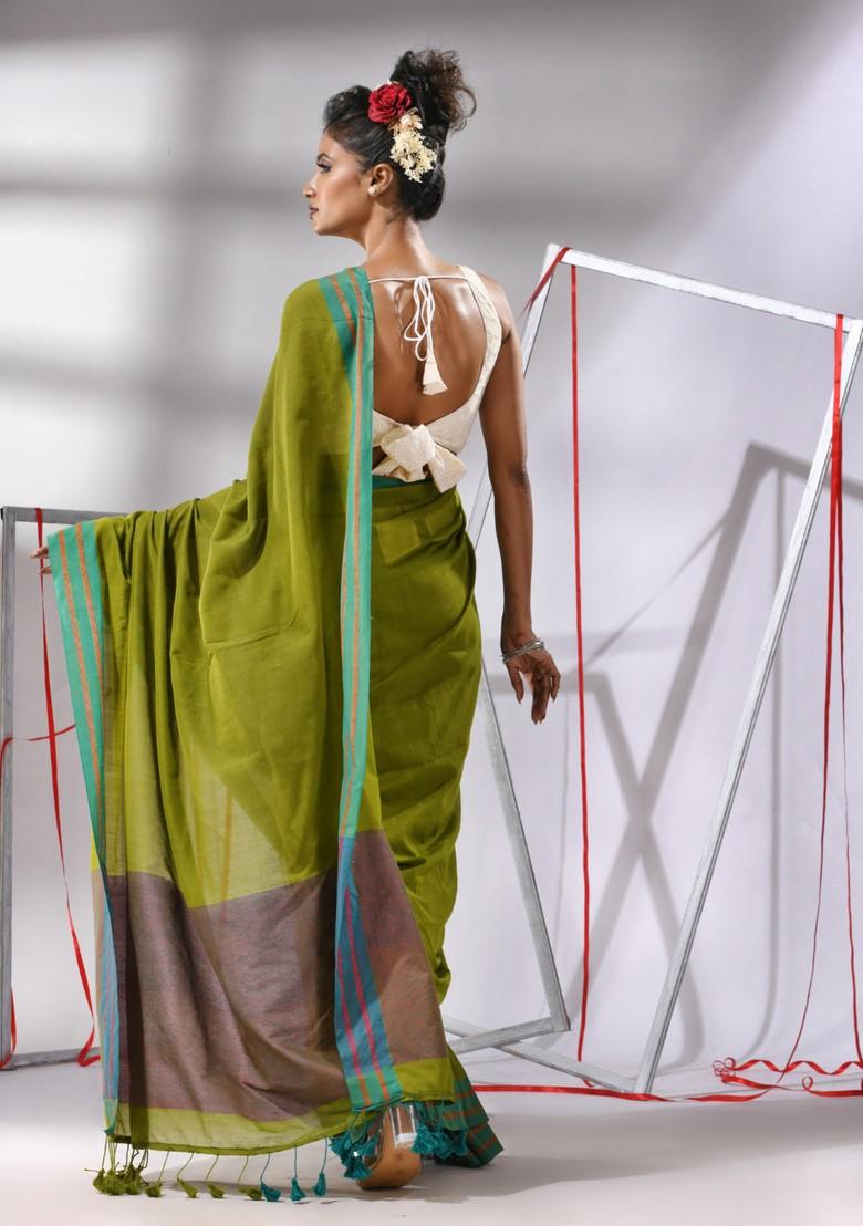 Lime Green Zari Striped Cotton Saree Set - Indya