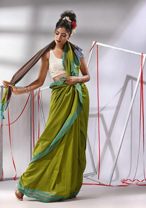 Lime Green Zari Striped Cotton Saree Set