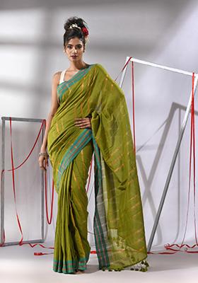Moss Green Zari Striped Cotton Saree Set