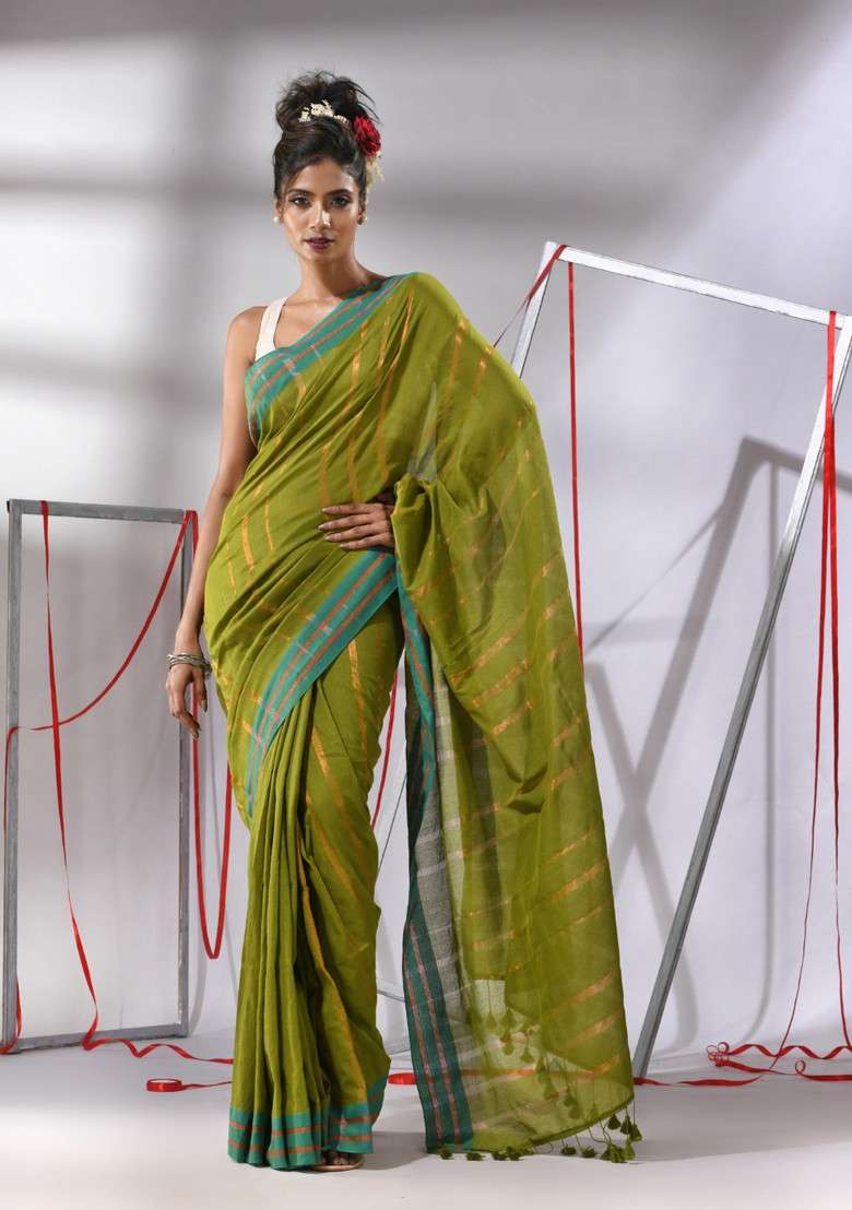 Moss Green Zari Striped Cotton Saree Set for Diwali and Festive Wear - Indya