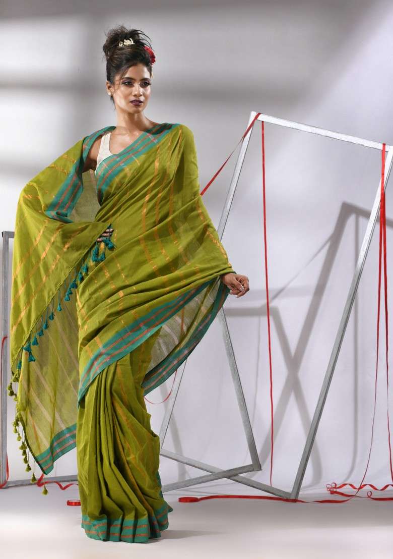 Moss Green Zari Striped Cotton Saree Set for Diwali and Festive Wear - Indya