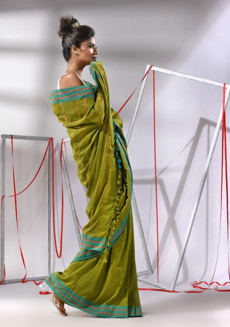 Moss Green Zari Striped Cotton Saree Set for Diwali and Festive Wear - Indya