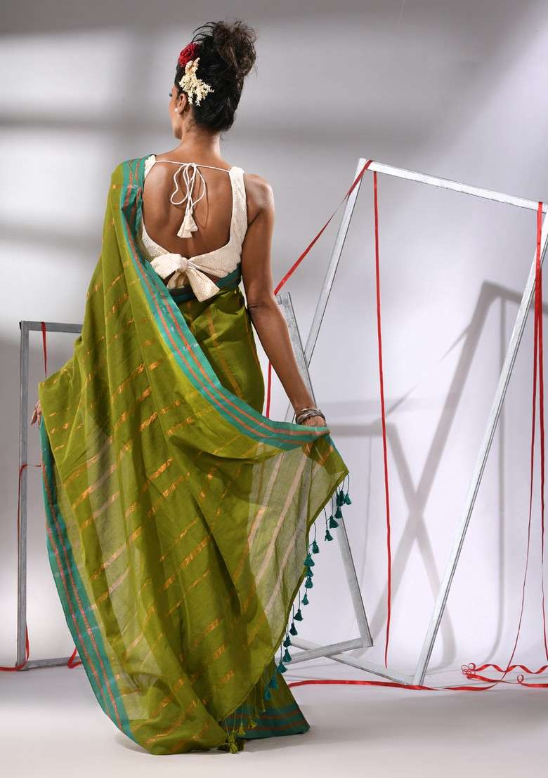 Moss Green Zari Striped Cotton Saree Set for Diwali and Festive Wear - Indya