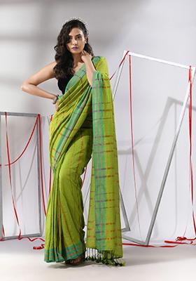 Light Green Zari Striped Cotton Saree Set