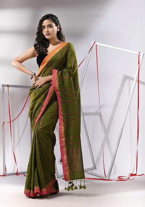 Sapphire Green Zari Design Soft Cotton Saree Set