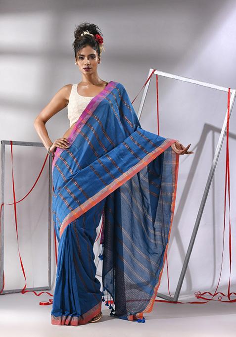 Sapphire Blue Zari Design Soft Cotton Saree Set