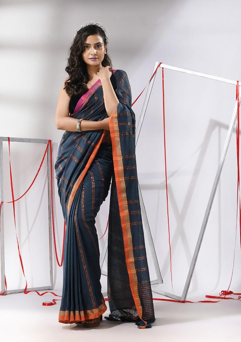 Dark Grey Zari Design Soft Cotton Saree Set