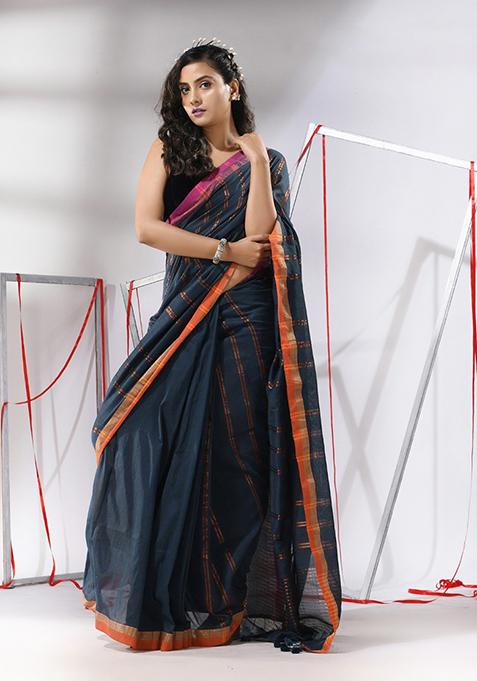 Dark Grey Zari Design Soft Cotton Saree Set