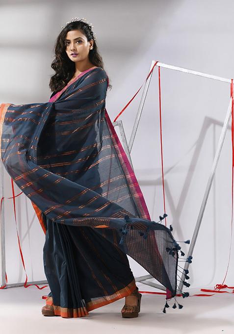 Dark Grey Zari Design Soft Cotton Saree Set