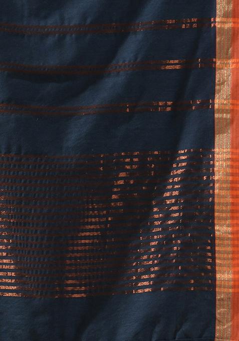 Dark Grey Zari Design Soft Cotton Saree Set