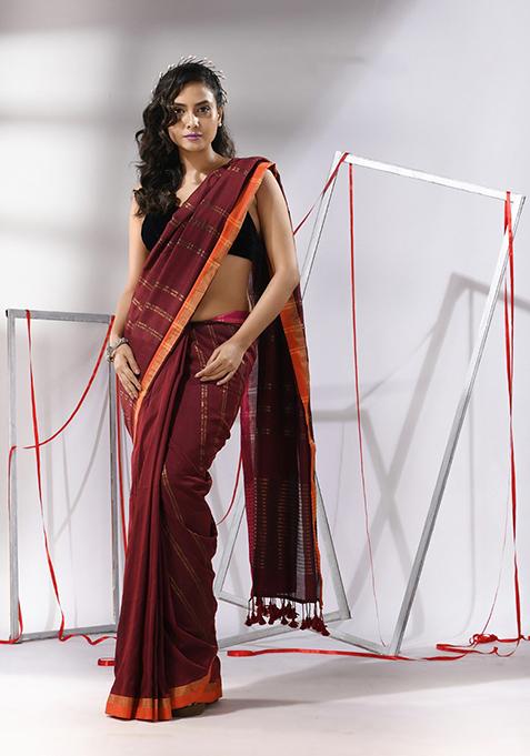 Maroon Zari Design Soft Cotton Saree Set