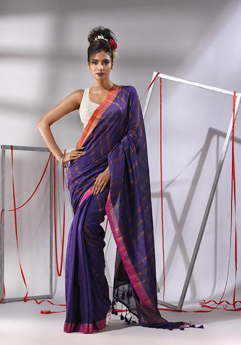 Blue Zari Design Soft Cotton Saree Set