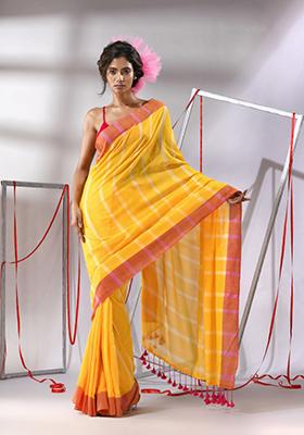 Yellow Zari Design Soft Cotton Saree Set