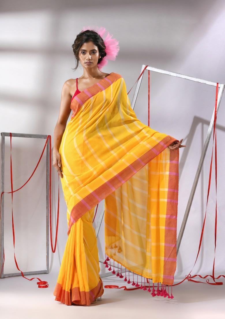 Yellow Zari Design Soft Cotton Saree Set