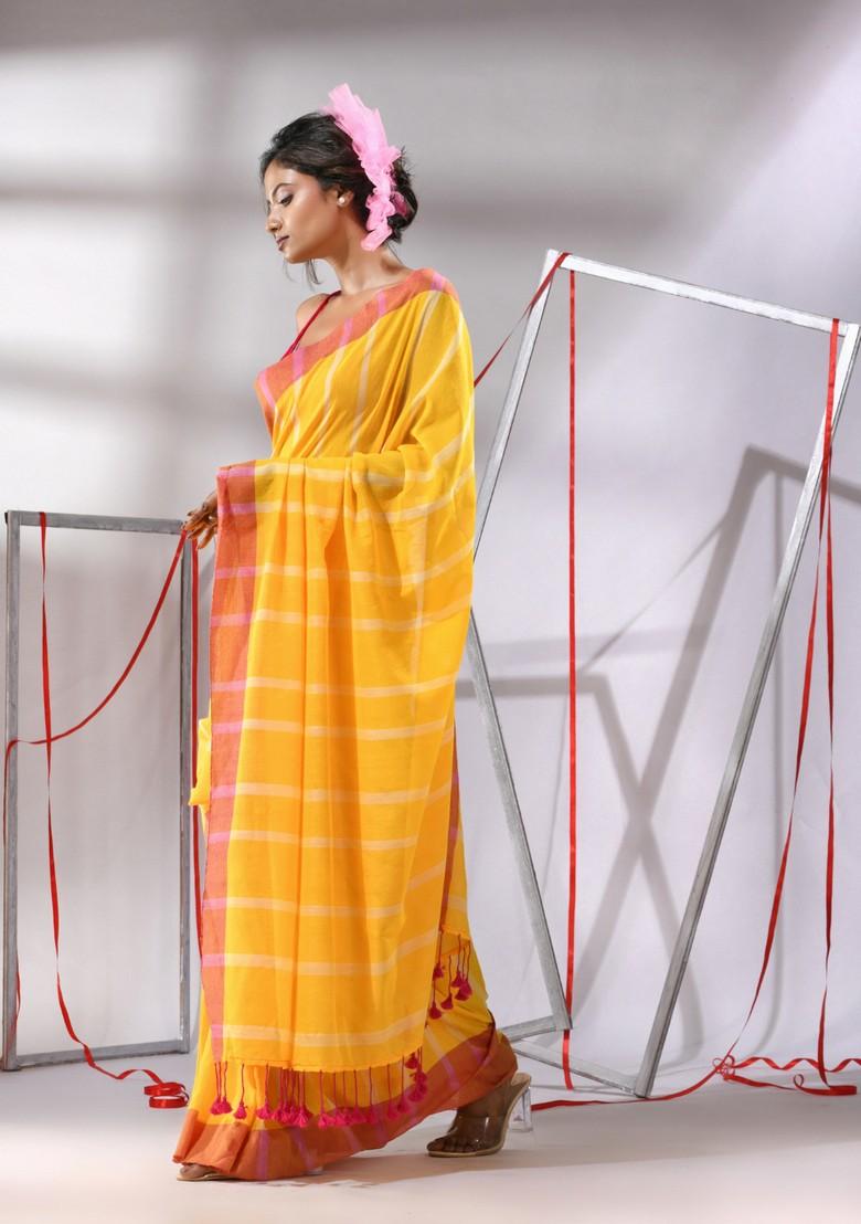 Yellow Zari Design Soft Cotton Saree Set