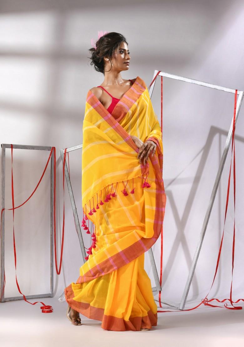 Yellow Zari Design Soft Cotton Saree Set