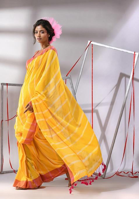 Yellow Zari Design Soft Cotton Saree Set