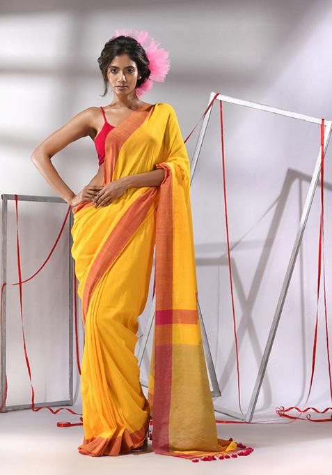 Yellow Woven Design Cotton Saree Set