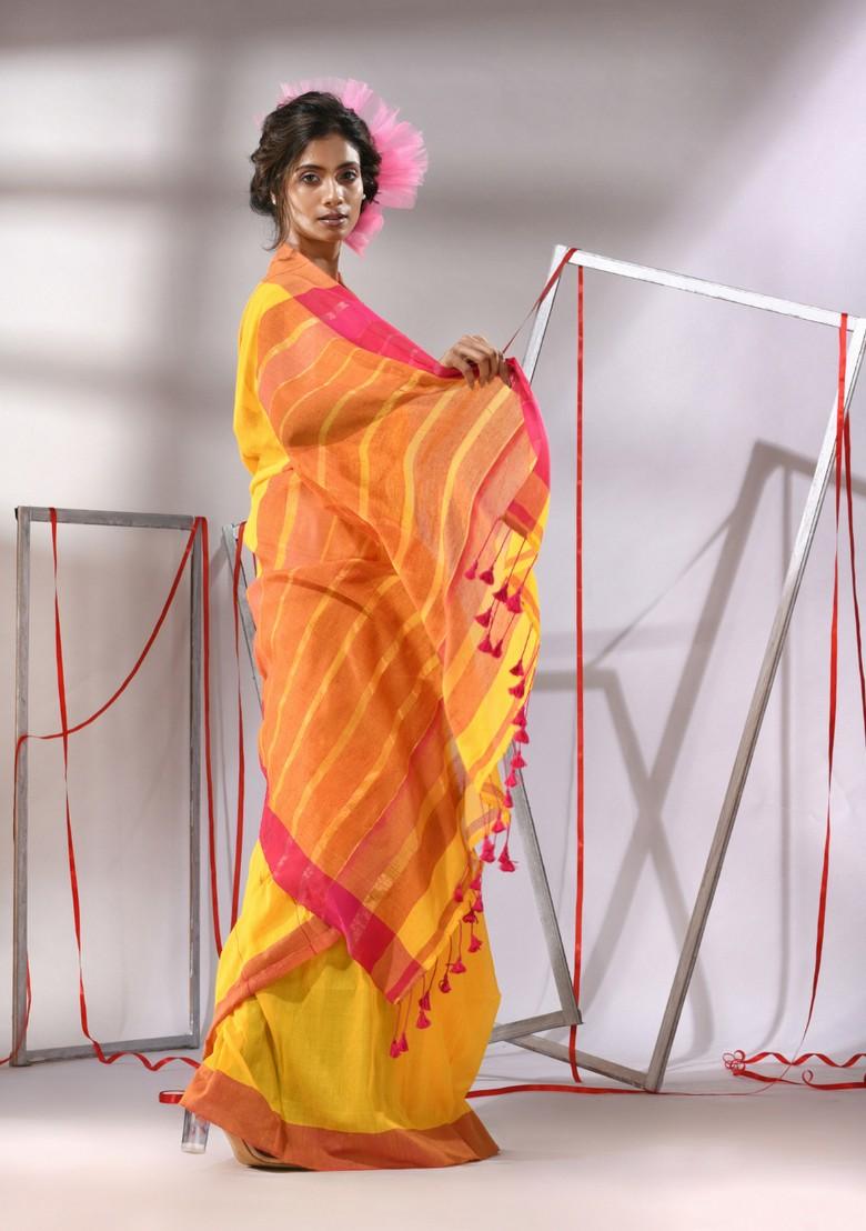 Munsell Yellow Woven Design Cotton Saree Set - Indya