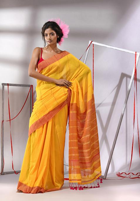 Munsell Yellow Woven Design Cotton Saree Set