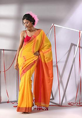 Yellow Textured Striped Cotton Saree Set