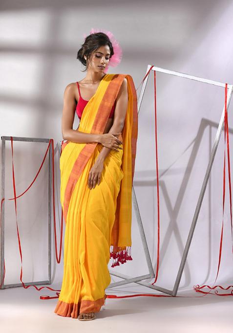 Yellow Woven Work Cotton Saree Set