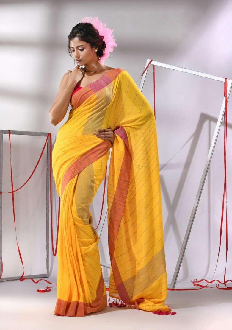 Orange Striped Woven Design Cotton Saree Set for Diwali and Festive Wear - Indya