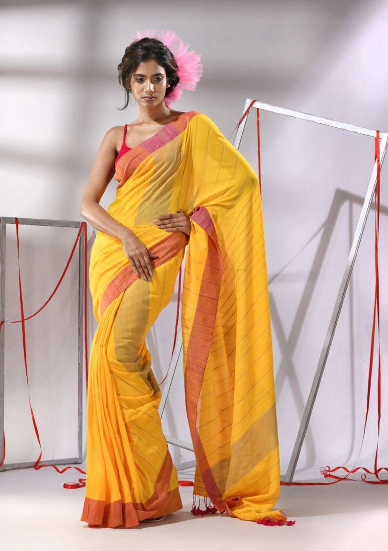 Orange Striped Woven Design Cotton Saree Set for Diwali and Festive Wear - Indya