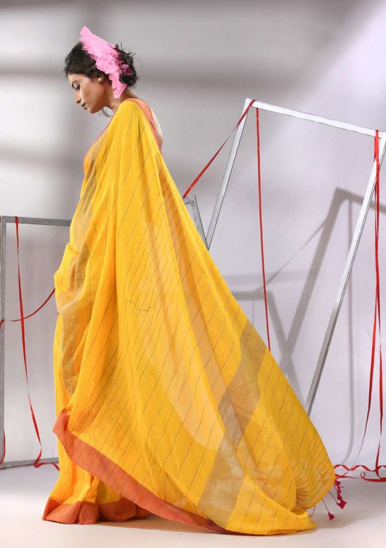 Orange Striped Woven Design Cotton Saree Set for Diwali and Festive Wear - Indya