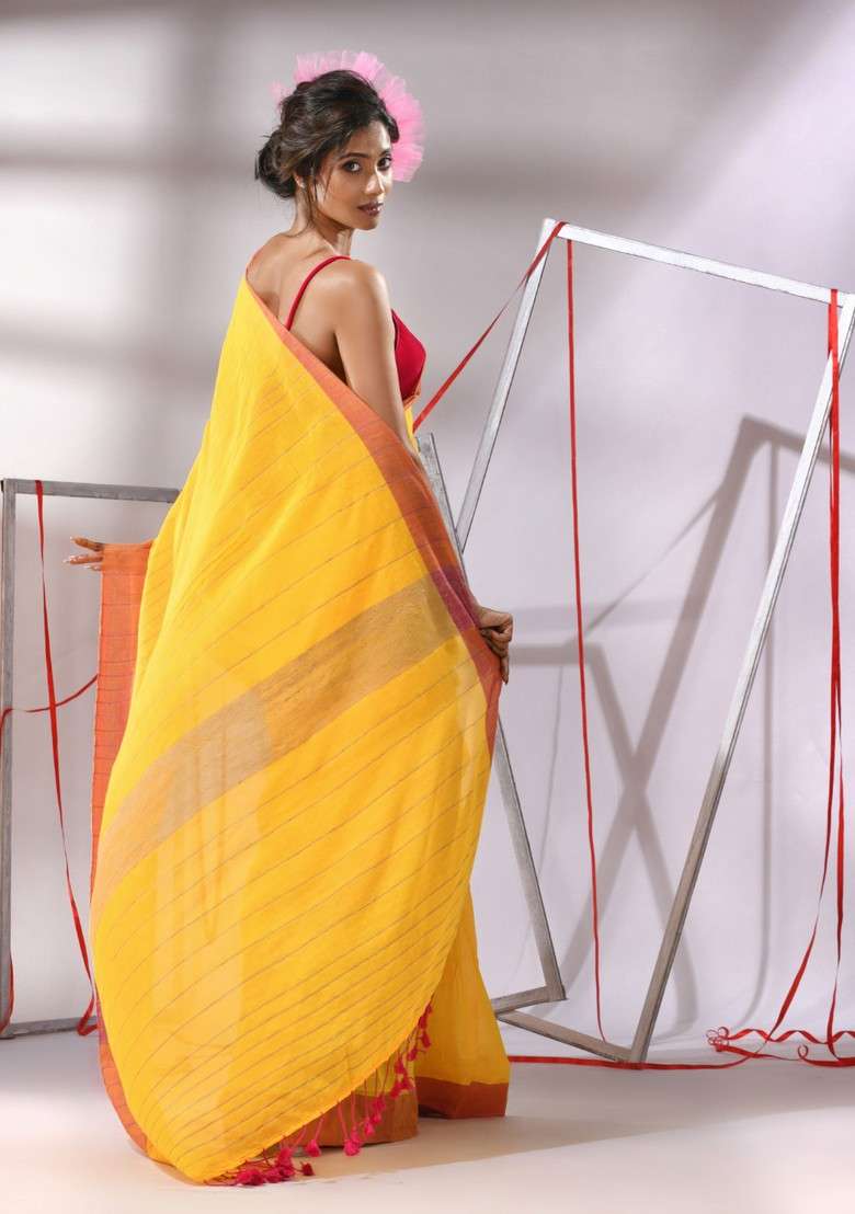 Orange Striped Woven Design Cotton Saree Set for Diwali and Festive Wear - Indya