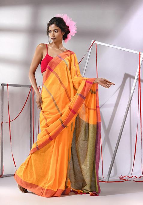 Yellow Striped Woven Work Cotton Saree Set