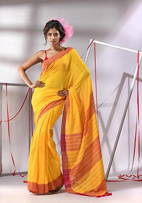 Yellow Sequin Striped Cotton Saree Set