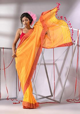 Yellow Zari Striped Cotton Saree Set