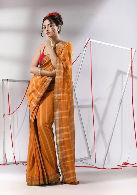 Rust Striped Cotton Saree Set